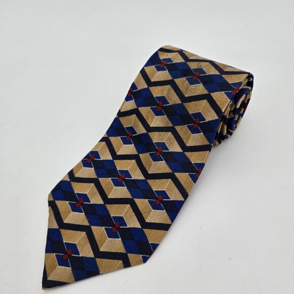 Robert Stewart 1919 Hartford Conn Mens Tie Geometric Gold Blue 100% Silk USA 60 - Picture 1 of 5